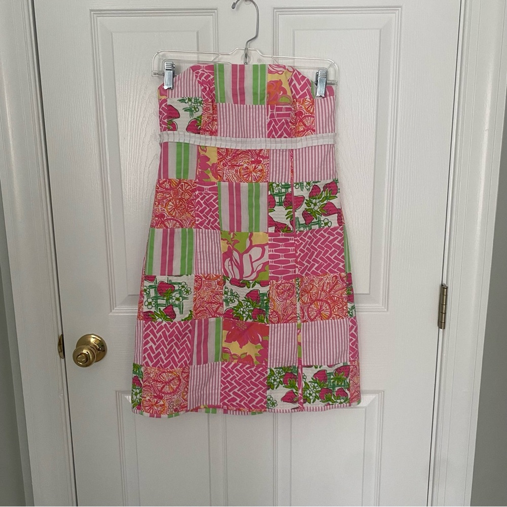 LILLY PULITZER BOWEN DRESS PINK PATCHWORK STRAPLESS SZ 0
